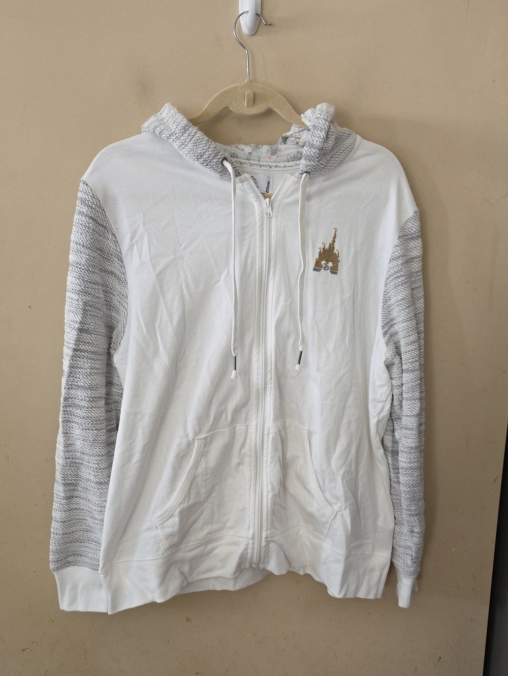 Disney Official WearWhite Zip-Up Hoodie with Grey Marled Sleeves and Gold Accent